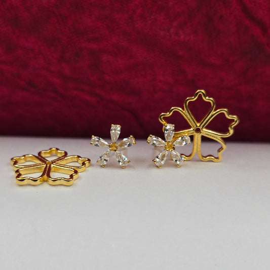 Gold-plated flower studs with shimmering crystal petals arranged in a symmetrical bloom design, suitable for both casual and festive styling