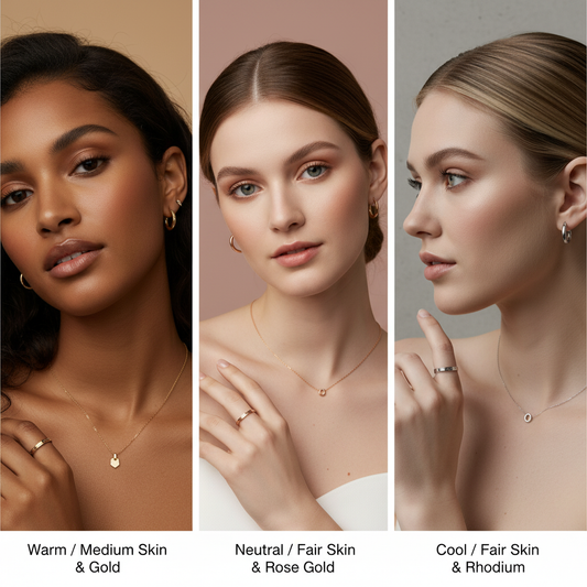 Models with 3 different skin tones wearing skand jewellery available in 3 different shades