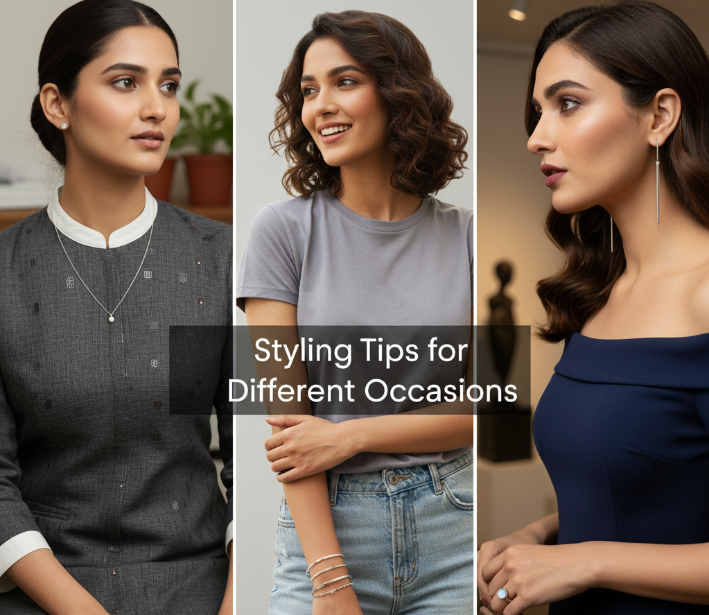 Collage of 3 different women in 3 different attire wearing the lightweight jewellery from Skand