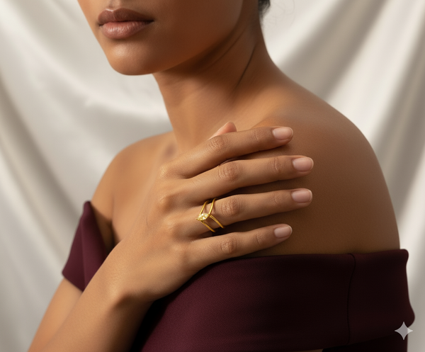 Model wearing a 925 silver ring coated with 18k gold