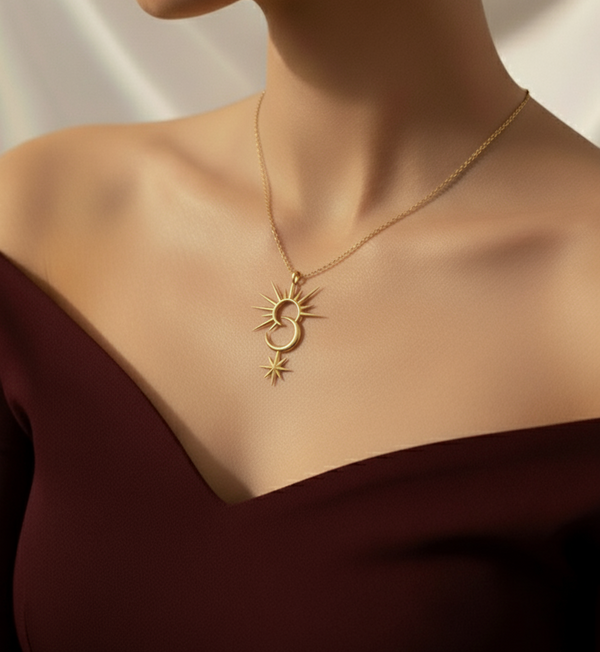 Model from Skand Jewellery wearing Sun, moon and Star pendent of 925 Silver