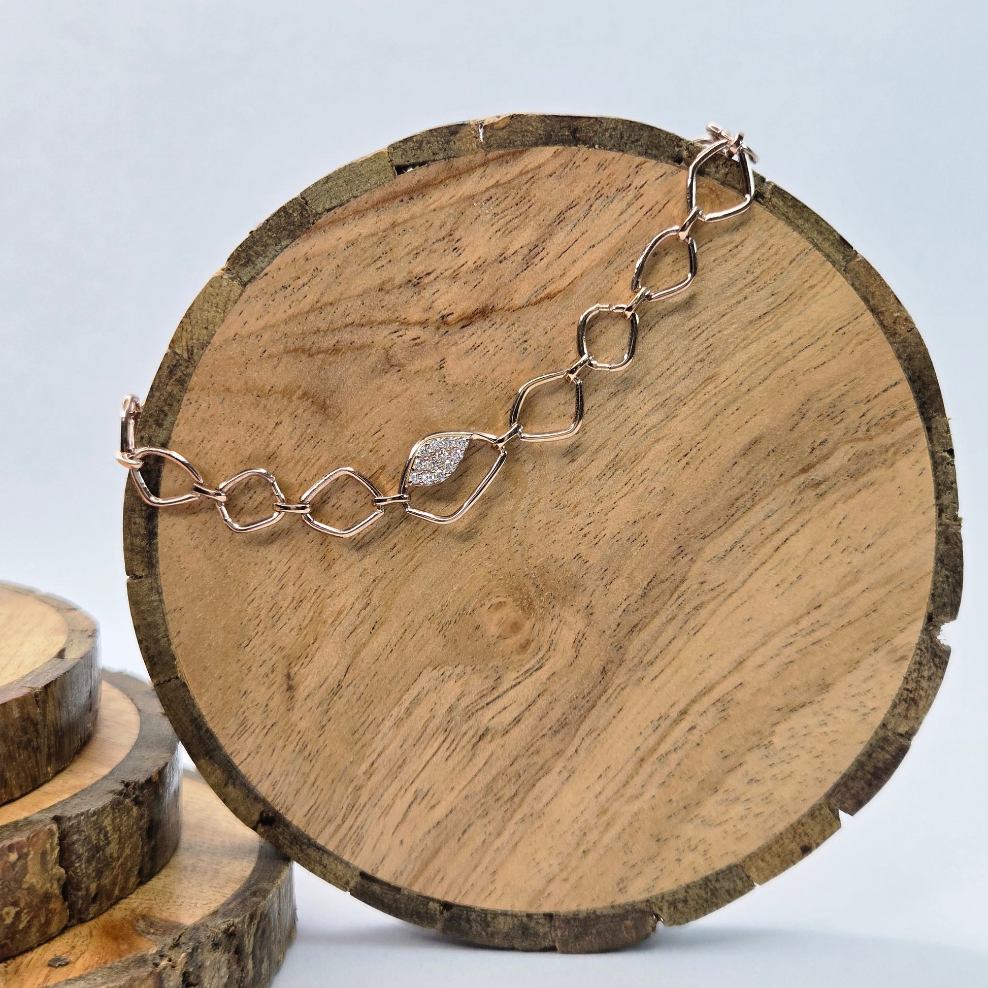 925 sterling silver Irregular geometric link bracelet for women with rose gold finish and stone accent