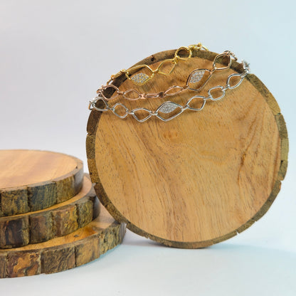 925 sterling silver Irregular geometric link bracelet for women with rose gold finish and stone accent