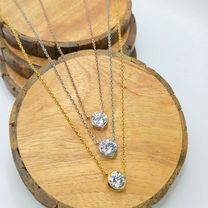 Minimalist 925 sterling silver Mini Dot pendant necklace with round solitaire stone, everyday office wear chain for women