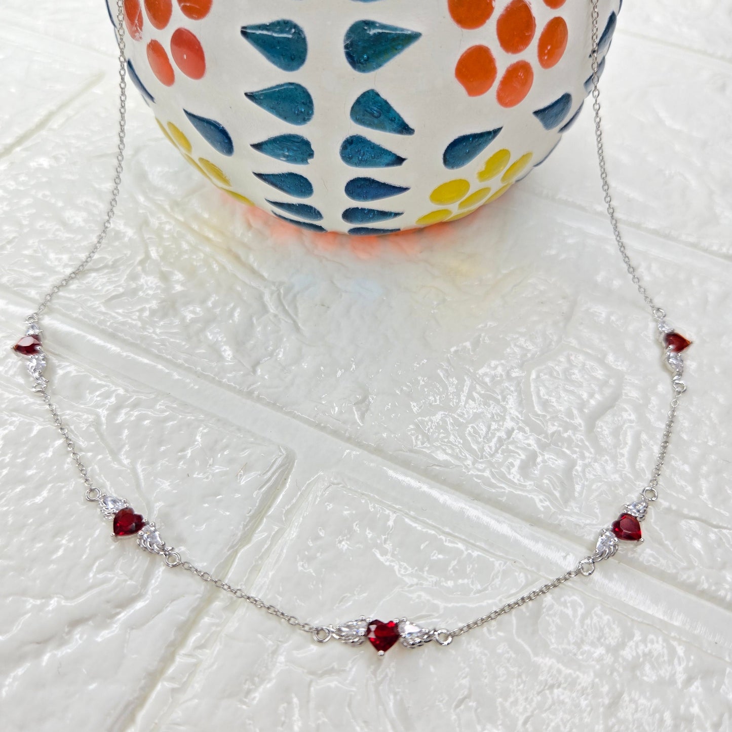925 sterling silver Winged Heart necklace for women with red heart stones and delicate chain