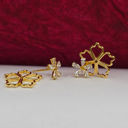Gold-plated flower studs with shimmering crystal petals arranged in a symmetrical bloom design, suitable for both casual and festive styling