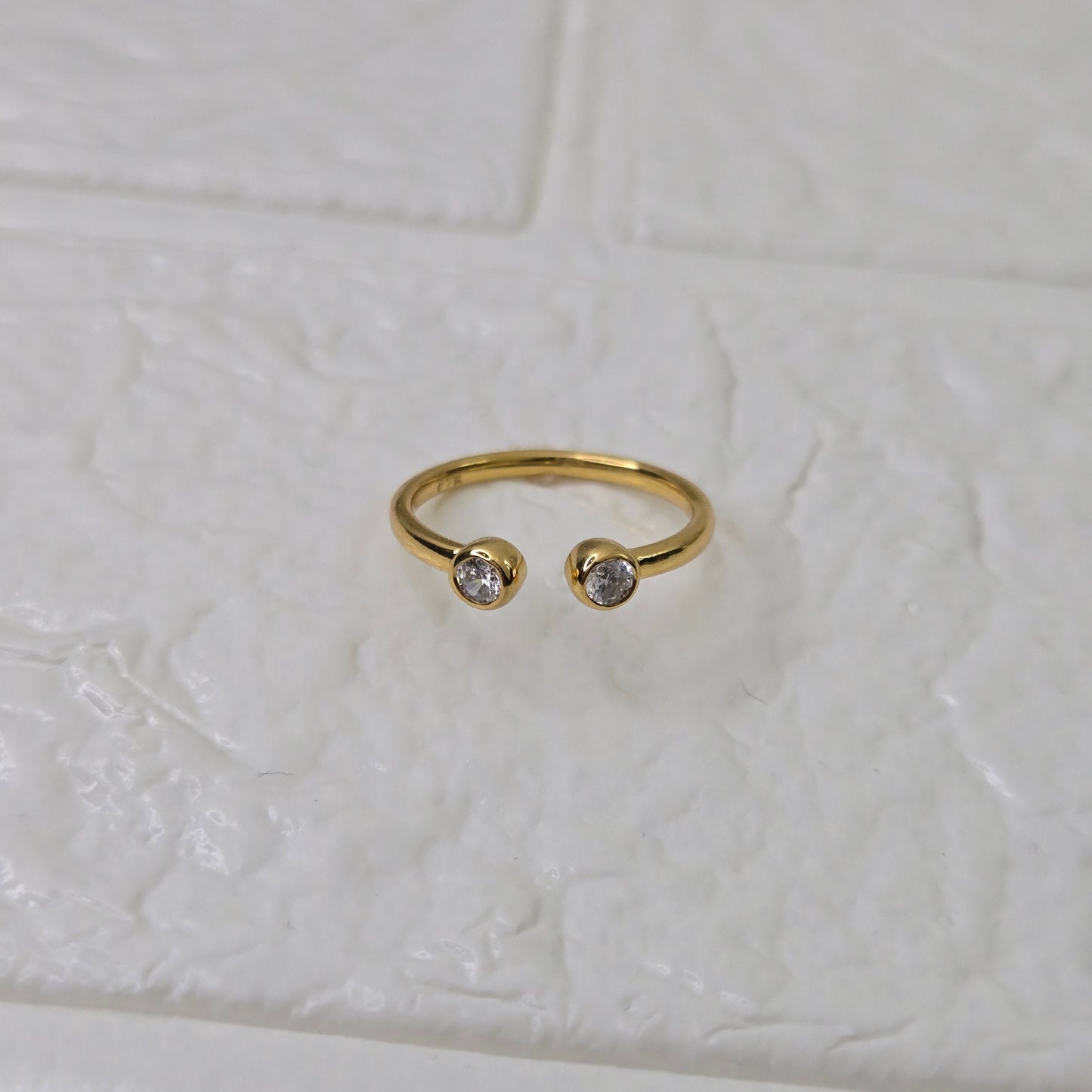 925 sterling silver Converge open ring for women with dual bezel-set stones in gold finish