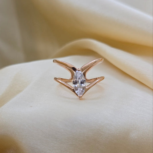 Rose-gold plated open band ring with a modern double-band design, featuring a marquise-cut clear zircon stone at the center offering refined sophistication for daily wear or special occasions.