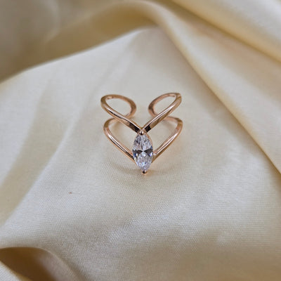 Rose-gold plated open band ring with a modern double-band design, featuring a marquise-cut clear zircon stone at the center offering refined sophistication for daily wear or special occasions.