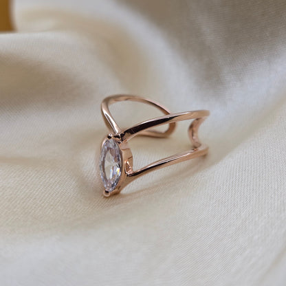Rose-gold plated open band ring with a modern double-band design, featuring a marquise-cut clear zircon stone at the center offering refined sophistication for daily wear or special occasions.