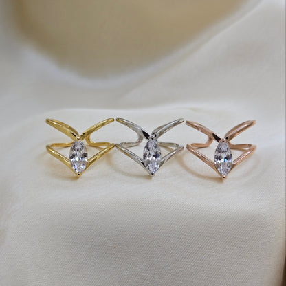 Rhodium, gold and rose-gold plated open band ring with a modern double-band design, featuring a marquise-cut clear zircon stone at the center offering refined sophistication for daily wear or special occasions.