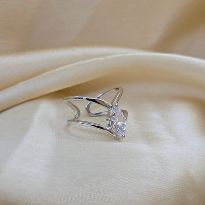 Rhodium-plated open band ring with a modern double-band design, featuring a marquise-cut clear zircon stone at the center offering refined sophistication for daily wear or special occasions.
