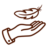 Brown line drawing of a hand holding a feather on a white background to show light weight feature of Skand jewellery