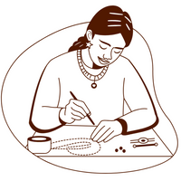 Illustration of a person writing jewellery design with a pen, surrounded by small jewellery items on the table.